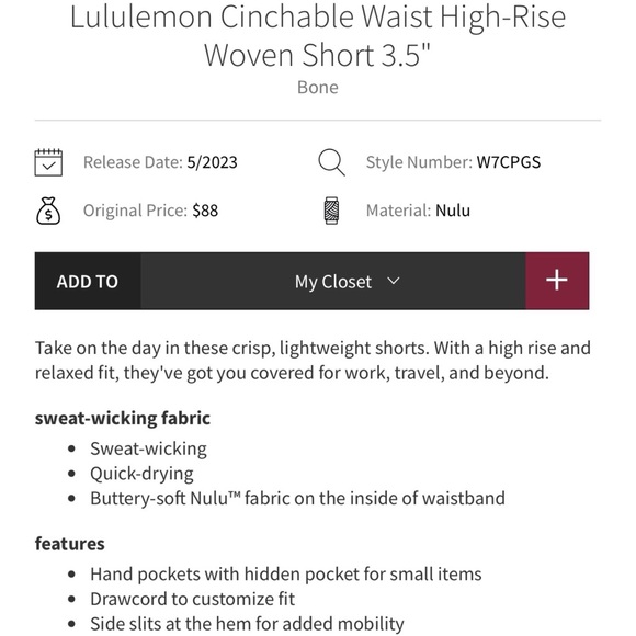 Lululemon Cinchable Waist High-Rise Woven Short 3.5" in Bone - Picture 3 of 8